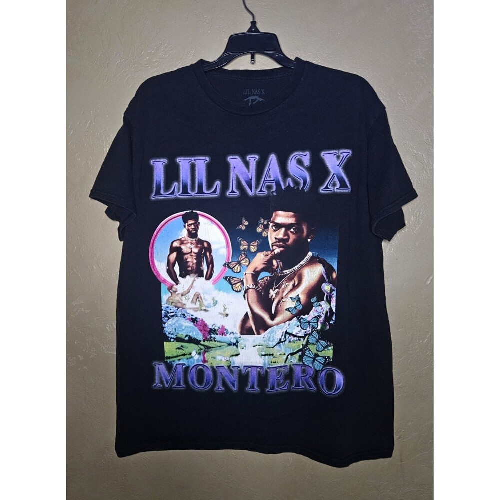 Lil Nas X Graphic T-Shirt Mens Large Black Montero Tour Merch Butterfly Rap Tee